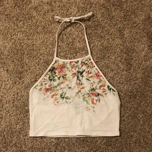 Forever 21 White Floral Cropped Halter Tank Top